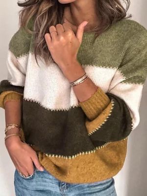 Goshop Women Casual Striped Color-Block O-Neck Long Sleeve Sweaters
