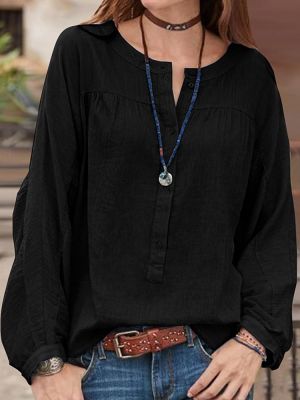 Goshop Women Solid Baggy Cotton Autumn Long Sleeve Blouse