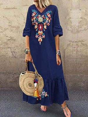 Goshop Bohemian Floral Print V-neck Flare Half Sleeve Beach Maxi Dress
