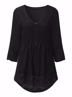 Goshop Pleated Lace Patchwork Three Quarter Sleeve Blouse