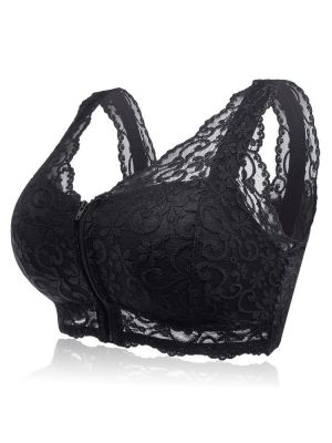 Front Zipper Lace Jacquard Comfy Breathable Wireless Padded Crop Bra