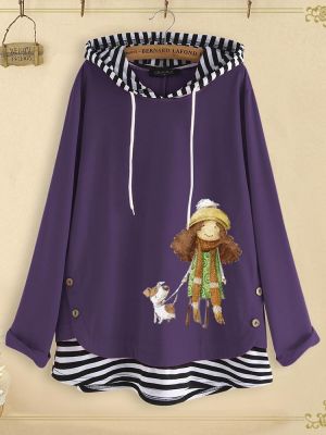 Side Button Cartoon Print Stripe Patchwork Long Sleeve Sweatshirt For Women