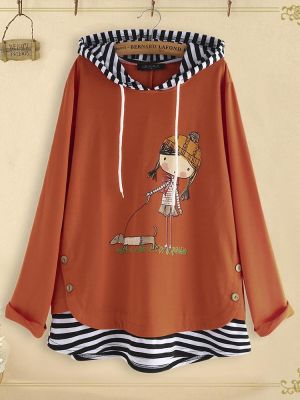 Goshop Cartoon Print Side Button Stripe Patchwork Long Sleeve Hoodie Sweatshirt