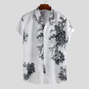 Goshop חולצות וסוודרים Mens Chinese Style Porcelain Floral Printed Short Sleeve Turn Down Collar Casual Shirts