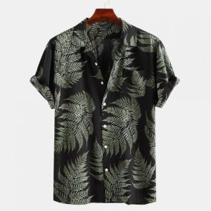 Goshop חולצות וסוודרים Pine Leaves Print Cotton Short Sleeve Relaxed Shirts