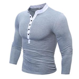 Mens Cotton Stand Collar T-shirts Buttons Breathable Long Sleeve Solid Color Tops