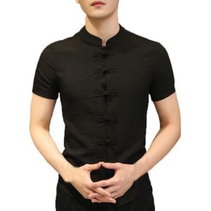 Mens Chinese Style Ethnic Stand Collar Slim Fit Short Sleeve Shirts Tops