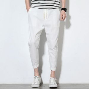 Goshop מכנסיים Mens Summer Cotton Linen Solid Color Casual Straight Pants