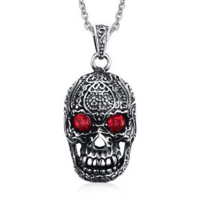 Goshop תכשיטים ושעונים Fashion Men&#039;s Jewelry Titanium Steel Chain Red Eye Skull Pendant Necklace for Men