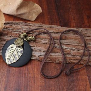 Ethnic Wood Alloy Leaf Pendant Necklaces Vintage Leather Rope Long Sweater Necklace For Men