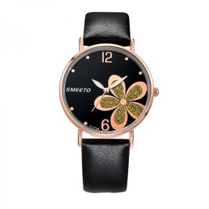 Goshop תכשיטים ושעונים SMEETO C1734 Women Quartz Watch Fashion Flower Patten Simple Dial Leather Strap Wristwatch