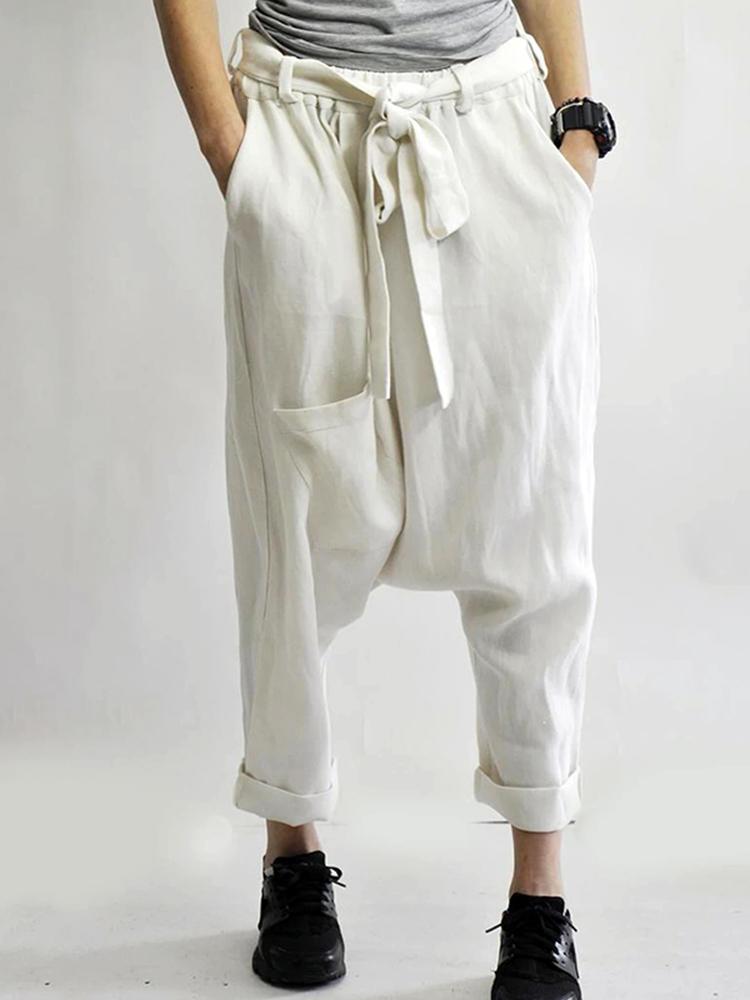 Goshop Women Pure Color Elastic Waist Loose Side Pockets Trousers Pants