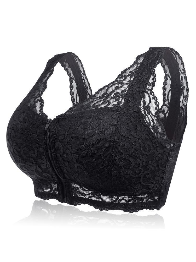 Goshop Front Zipper Lace Jacquard Comfy Breathable Wireless Padded Crop Bra
