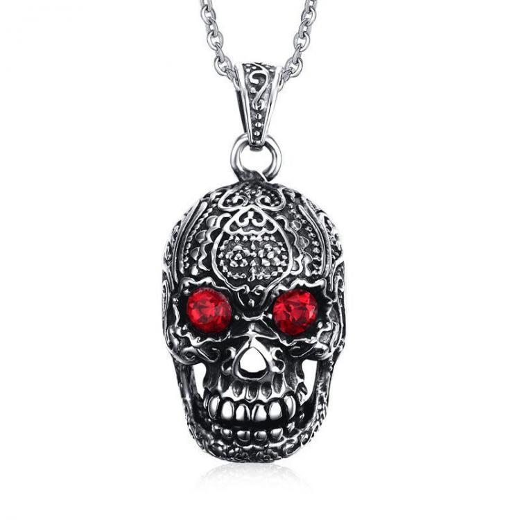 Goshop תכשיטים ושעונים Fashion Men's Jewelry Titanium Steel Chain Red Eye Skull Pendant Necklace for Men